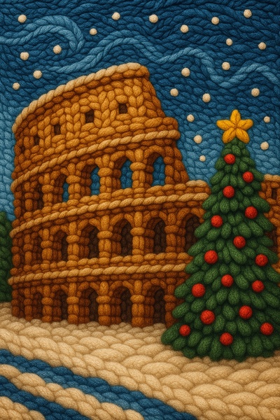 Knitted Version of the Colosseum with Holiday Cheer