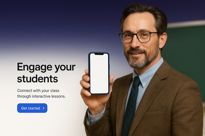 Teacher Holding Blue Phone for Interactive Lessons