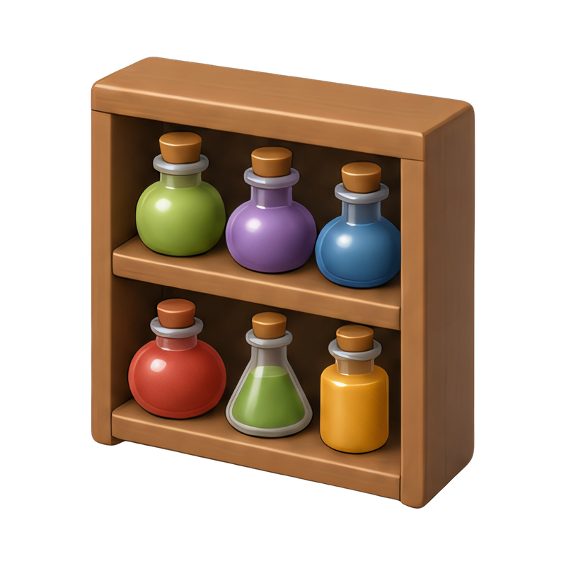 shelf filled with potion bottles