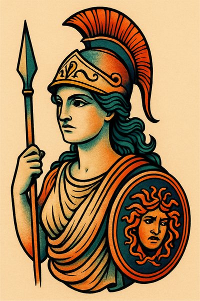 Illustration of a Greek Warrior Goddess with Shield and Spear