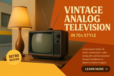 Vintage Analog Television with Lamp in 70s Retro Style