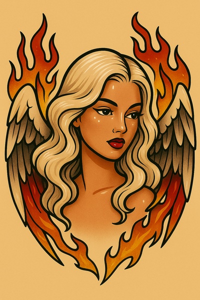Stylized Girl with Fiery Wings in Tattoo Art