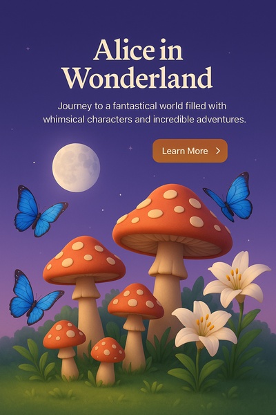 Enchanting Wonderland Landscape with Mushrooms and Butterflies