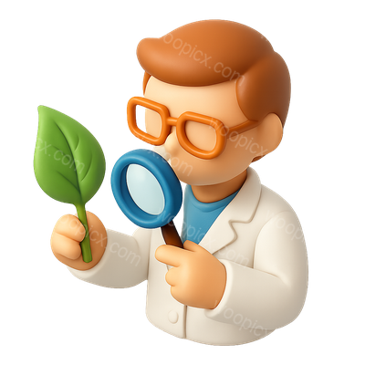 3D Biologist Icon with Leaf and Magnifying Glass