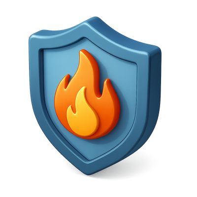3D Flame Shield Icon with Isometric View and Volumetric Design
