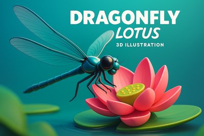 Dynamic 3D Illustration of Dragonfly and Lotus
