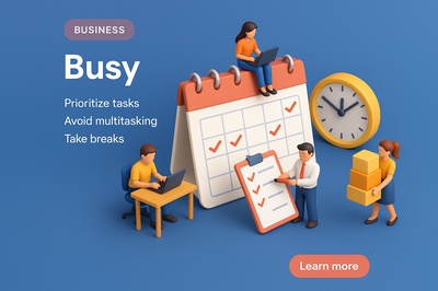 3D Scene Depicting Busy Work Life with Characters and Tools