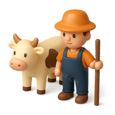 3D Cowherd Icon with Cattle in Isometric View