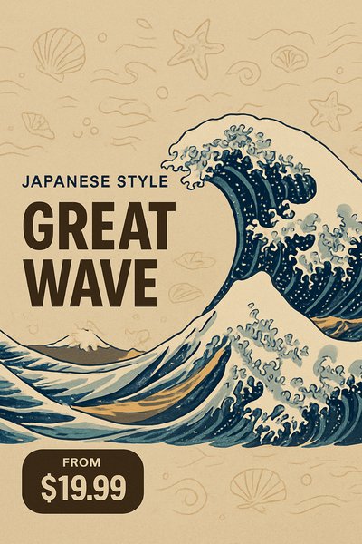 Dynamic Ocean Horizon with Japanese Wave Illustration