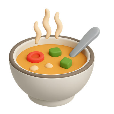 Stylized 3D Soup Icon with Vegetables and Steam