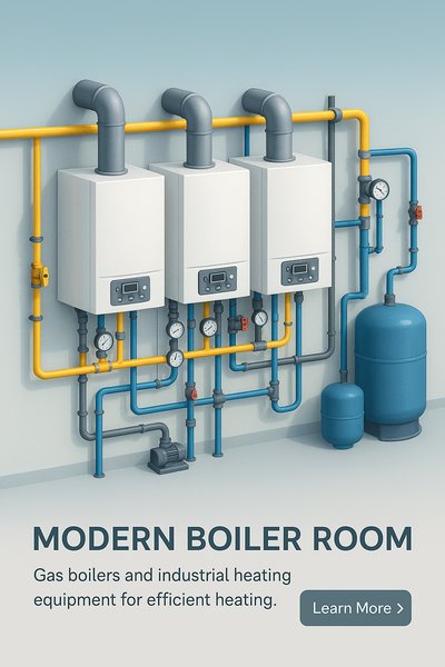 Modern Boiler Room with Gas Boilers and Industrial Heating Setup