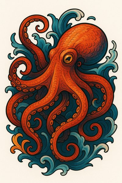 Stylized Illustration of an Orange Octopus with Waves