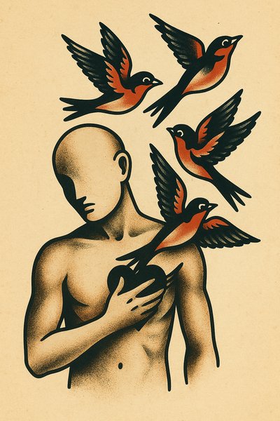 Symbolic Tattoo of Liberation with Birds Emerging