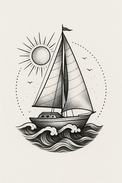 Stylized sailing boat illustration with sun and waves