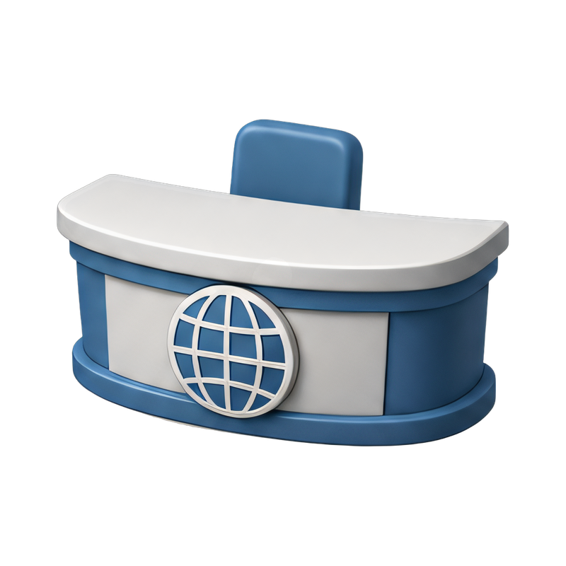 news desk with globe and logo