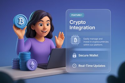Dynamic 3D Illustration of Crypto Integration with Laptop and Coins