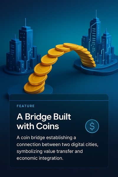 Coin Bridge Connecting Two Digital Cities in 3D