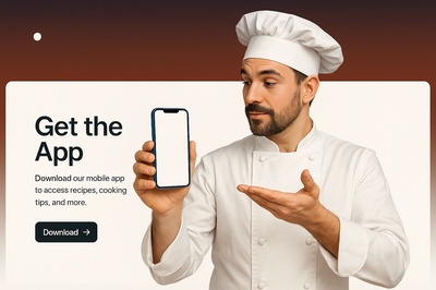 Chef Holding Blue Phone for Cooking App Promotion