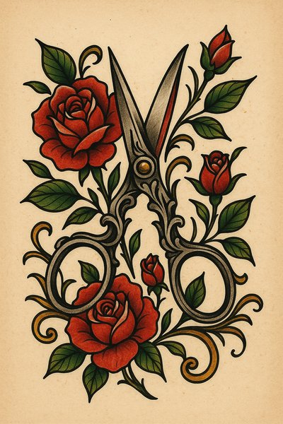 Vintage Floral Scissors Tattoo Design Artwork