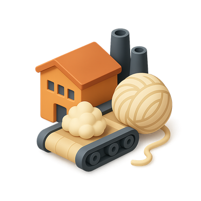 Colorful 3D Icon of Factory and Yarn Ball on Conveyor