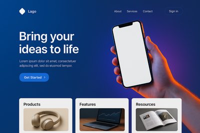 Realistic Landing Page Design with Smartphone and Features