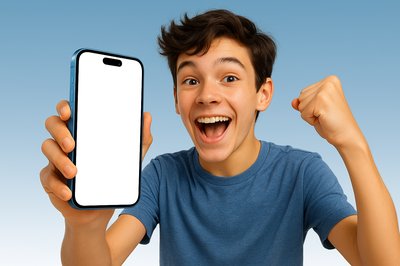 Teen Holding a Blue Phone with Excitement
