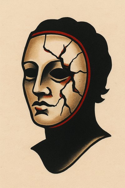 Silhouette with a Cracked Mask - Artistic Tattoo Design