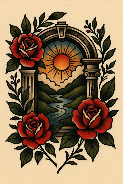 Artistic Floral Landscape with Arch and Sun