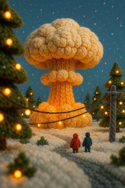 Whimsical Yarn Mushroom Cloud in 3D Scene
