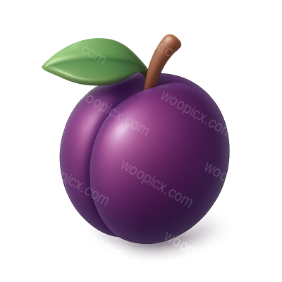 Stylized 3D Plum Icon with Leaf and Glossy Finish
