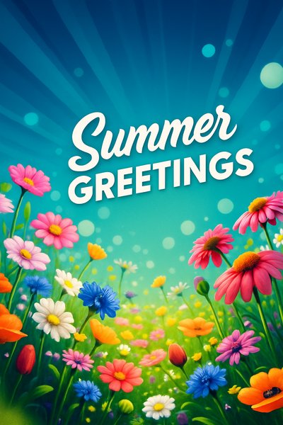 Vibrant Flower Meadow with Summer Greetings - Nature Background