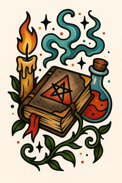 Illustrative Design of Magical Elements Featuring a Book, Candle, and Potion