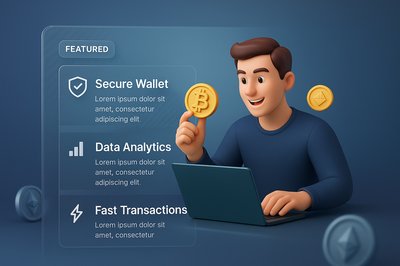 Man with Crypto Coins and Laptop in Modern Design