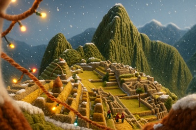 Whimsical Woolen Machu Picchu Scene with Holiday Vibes