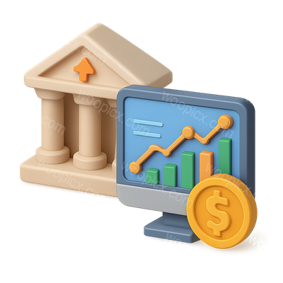 3D Icon Representing Bank Trading with Graphs and Currency