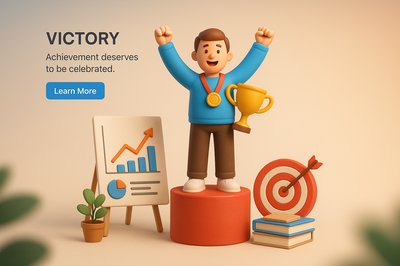 3D Illustration Celebrating Victory with Trophy and Charts