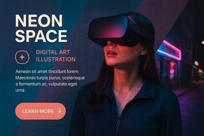 Woman in VR Glasses in Neon Space - Digital Art Illustration