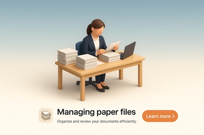 Businesswoman Organizing Paper Files at Desk in 3D Scene