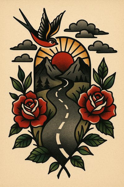 Stylized Tattoo Art Featuring Nature and a Road