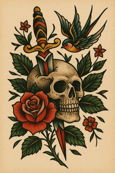 Colorful Tattoo Design Featuring Skull, Rose, and Bird