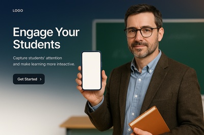 Teacher Holding a Blue Phone in Classroom Setting