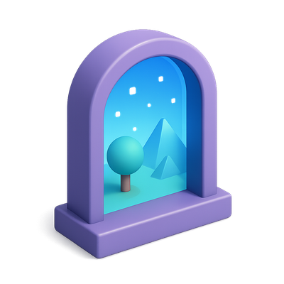 3D Virtual Portal Icon with Isometric View and Nature Elements