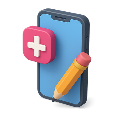 3D Mobile App Icon Design with Pencil and Plus Symbol