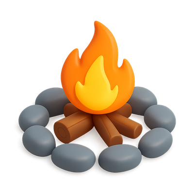 Stylized 3D Campfire Icon with Stones in Isometric View