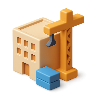 Stylized 3D Construction Icon with Crane and Blocks