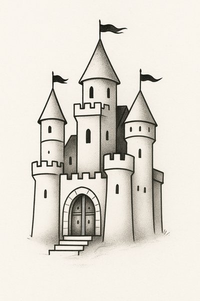 Black and White Illustration of a Fantasy Castle