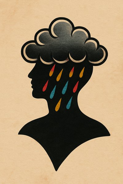 Silhouette with Cloud Head and Rain Drops Tattoo Design
