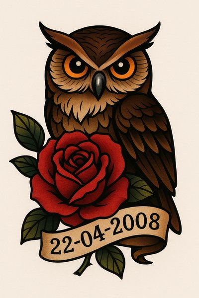Detailed Owl Tattoo Design with Rose and Banner