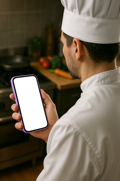 Chef Holding a Phone in a Kitchen Setting