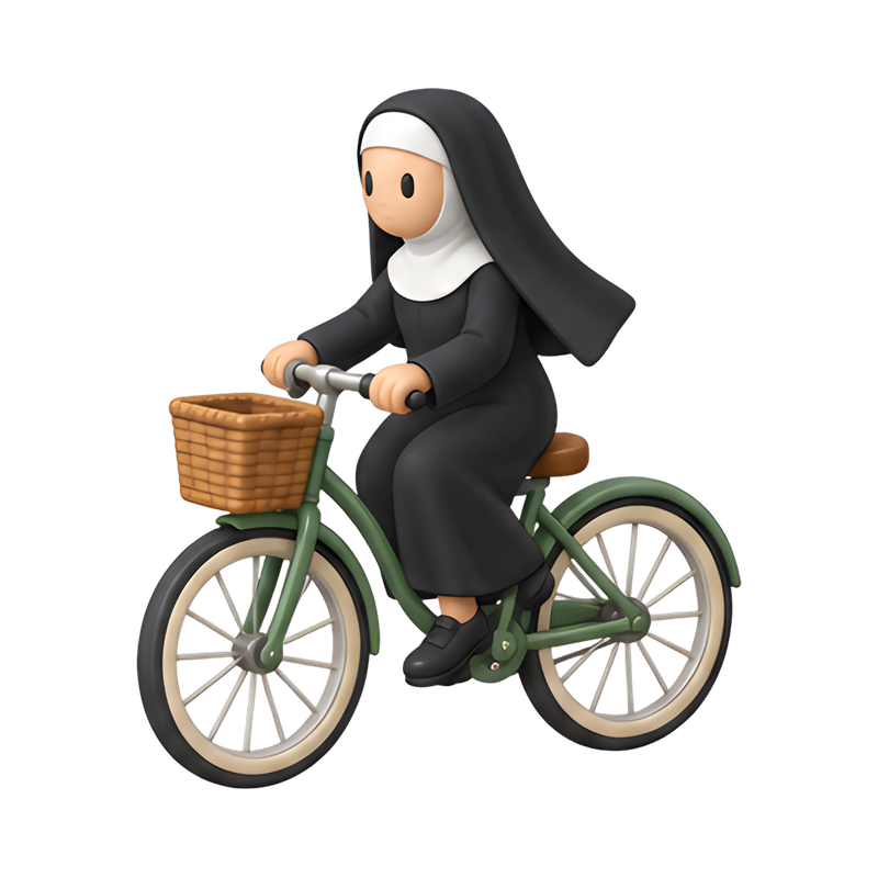 Nun cycling with a wicker basket
